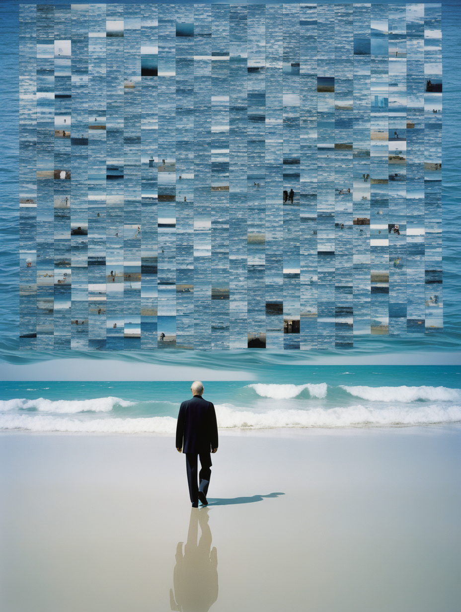[gerhard richter]  collage aus vielen einzelnen, quadratischen fotografien, mann gehend am strand, blaues wasser, mittelformat, asa 50, blende 32