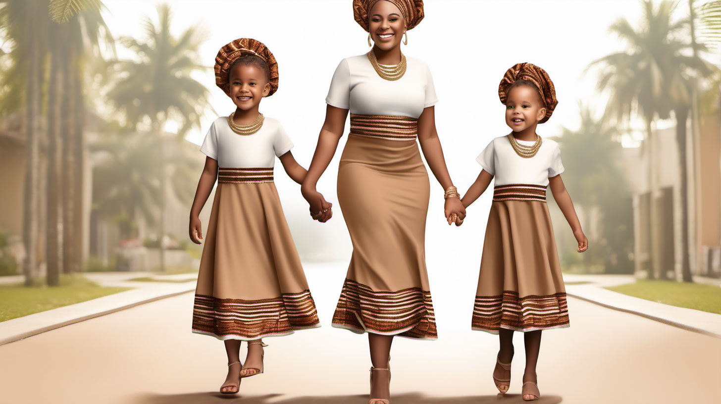 A realistic image of a curvy ligh brown skin female wearing an aso-Oke dress and heels holding her 3 children in her hands and smiling 