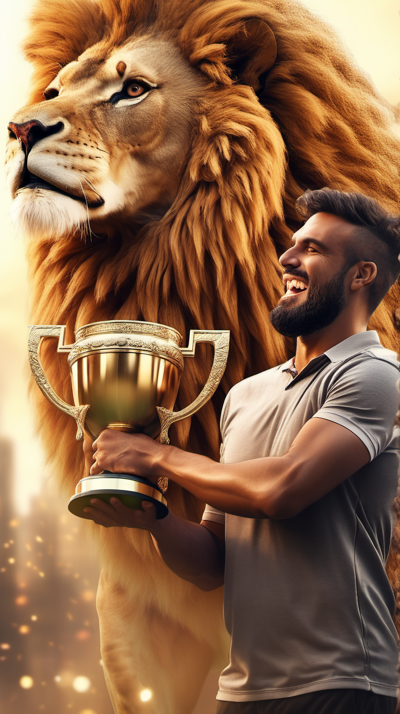 man winning championship with a trophy with a lion by his side supporting him 4k