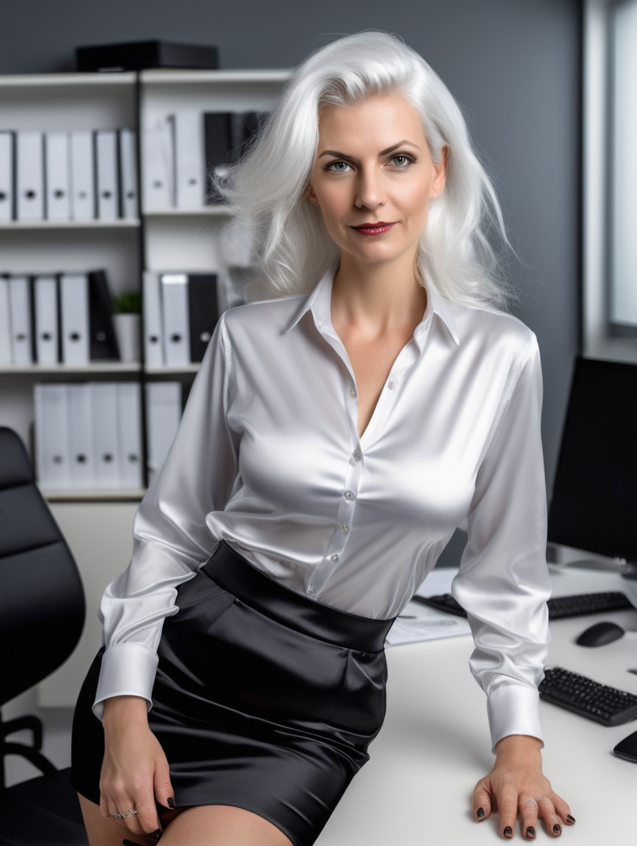 natural older woman, model, with white hair wearing bluse satin blouse and black vinyl skirt and high heels, leaning over table in cosy office showing her big ass