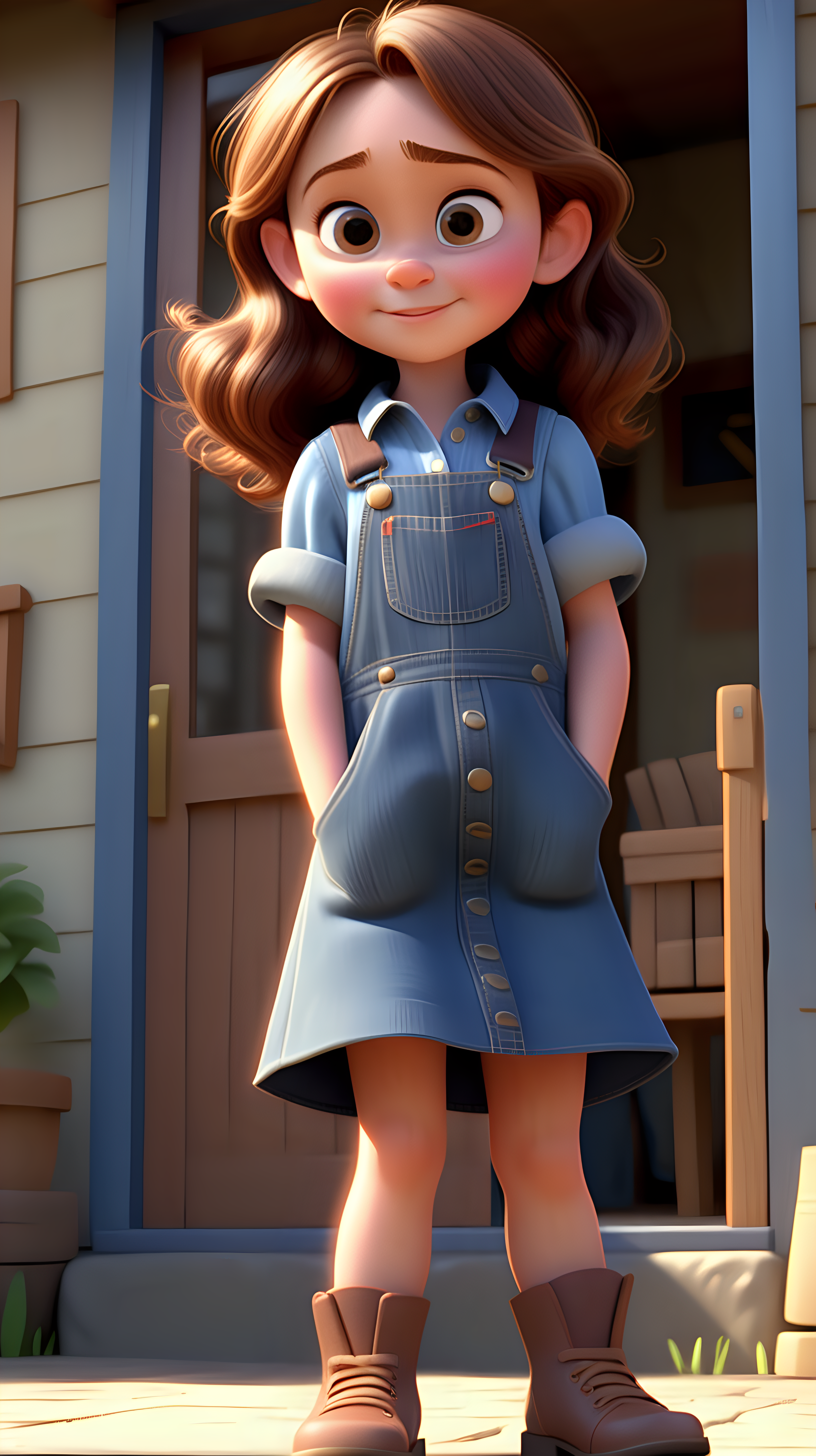 imagine 4 year old small girl with brown hair, fair skin, light brown eyes, wearing a denim dress overall, and a blue shirt, use Pixar style animation, make it full body size, in a village