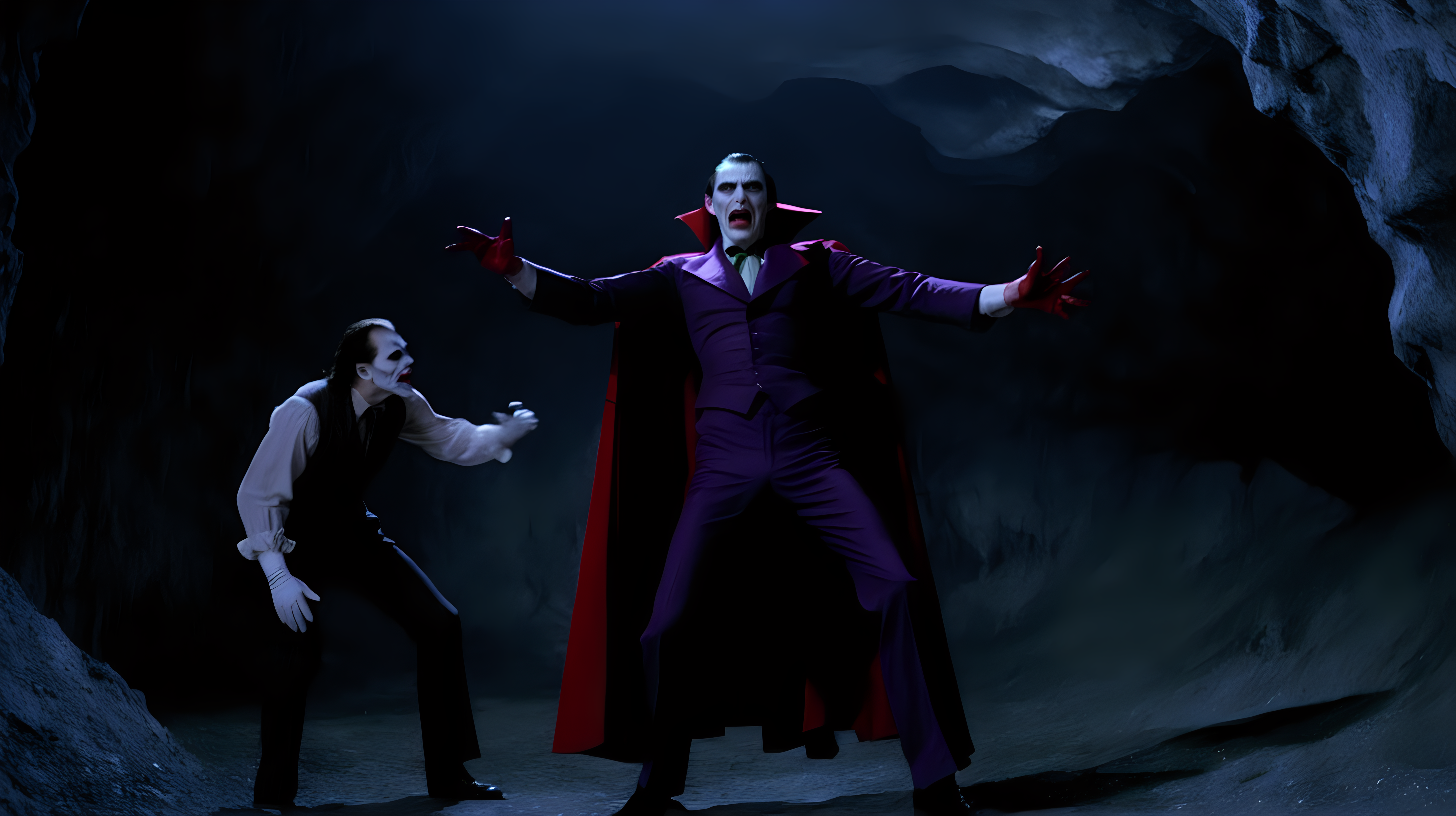 Dracula fights the joker in a cave