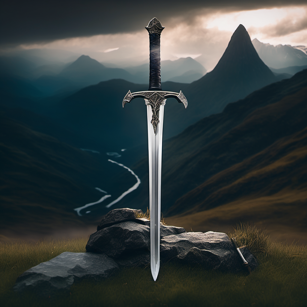 sword stuck in a rock on grass looking out over a mountain range moody, lighting striking the sword

