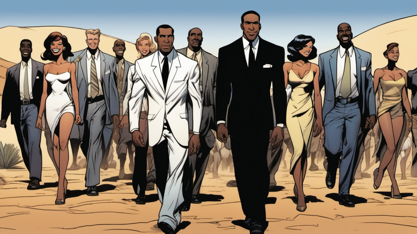 a black man with a smile leading a group of gorgeous and ethereal white and black mixed men & women with earthy skin, walking in a desert with his colleagues, in full American suit, followed by a group of people in the art style of bruce timm comic book drawing, illustration, rule of thirds