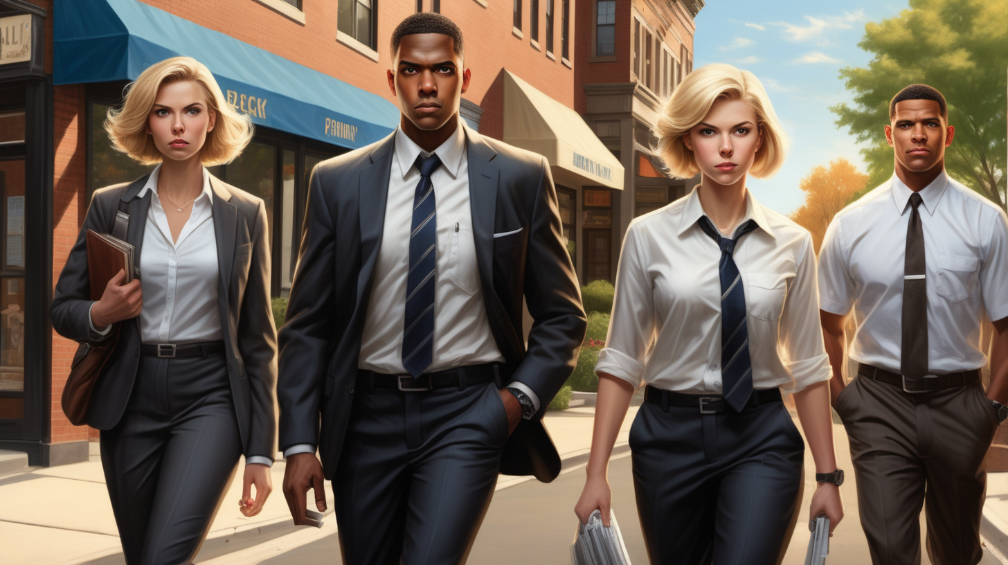 Three special FBI agents, dressed in suits; one woman with short blonde hair, steely eyes no nonsense; the other agent half-black/hispanic and built like a football running back; the third agent, young skinny nerdy but good-looking white kid sloppy dresser shirt untucked. The three agents are walking down a Normal Rockwell suburban American street where everything looks perfect on the surface but something evil lurks underneath. It is midday in the spring time and the sun is shining.