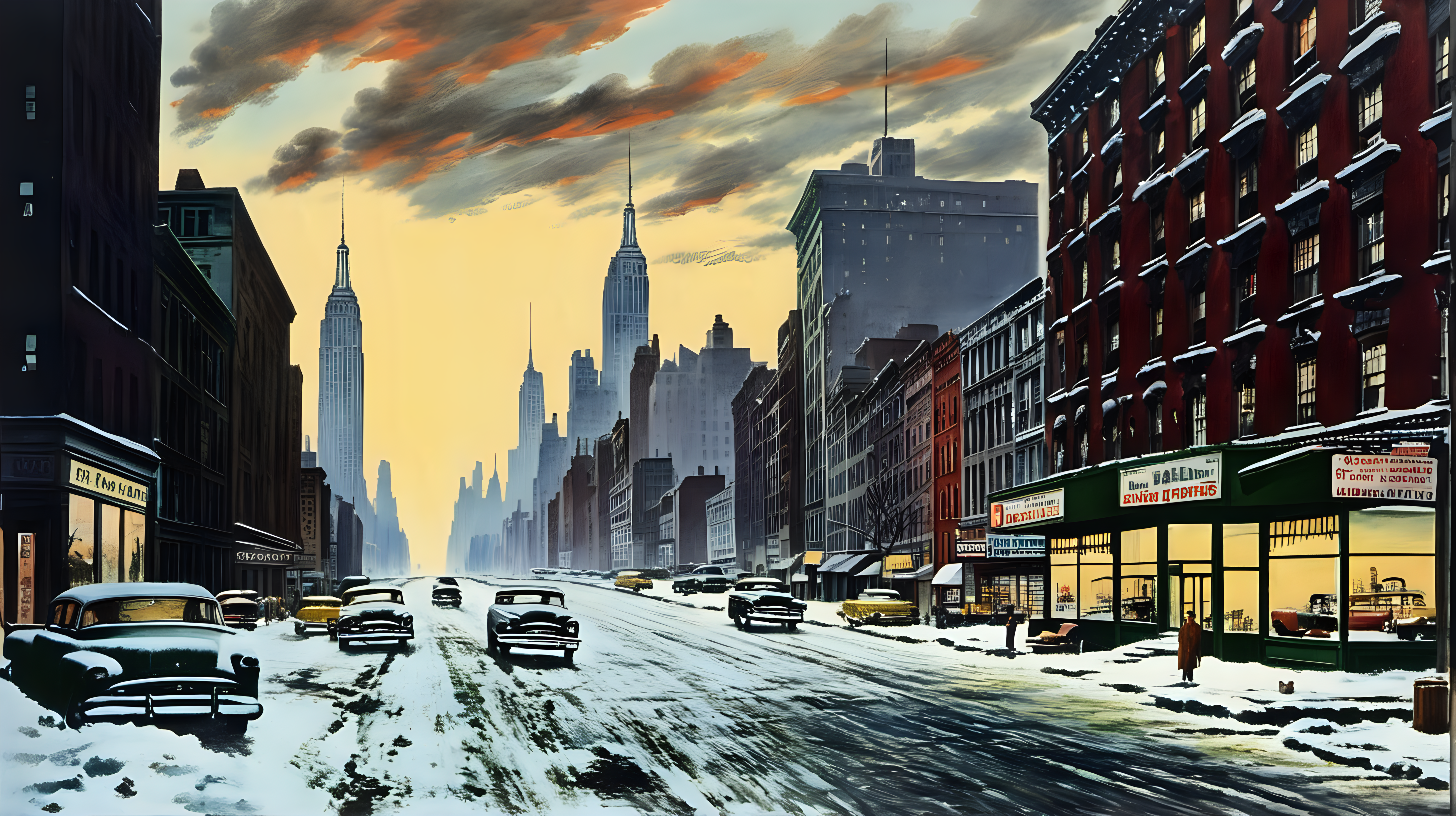 Deserted downtown New York City, circa 1955, in winter at evening,  a street stretching into the distance. Color, cloudy sky.