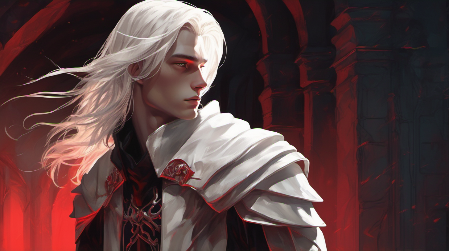 a slender handsome teenage male angel with high cheekbones and shoulder-length long white hair in armor, white scarf, in profile, lit by red light underground