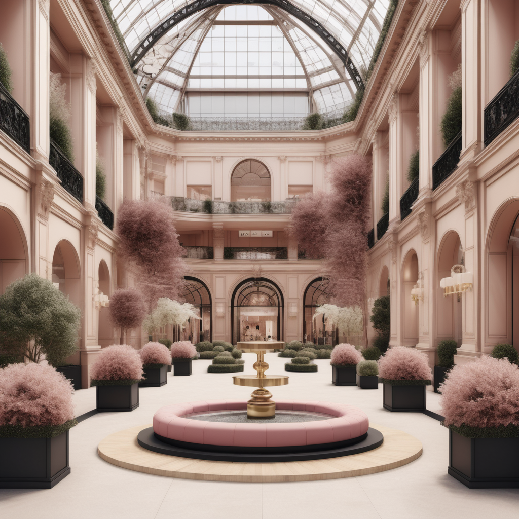 A hyperrealistic image of a palatial modern Parisian mall in a beige, oak, brass, black and dusty rose colour palette with beautiful gardens
