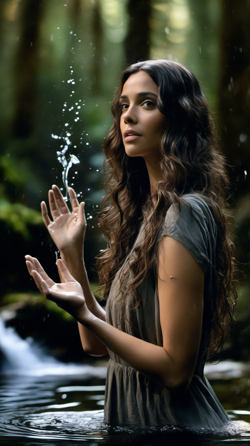 Actress Alba Baptista, with long, wavy brunette hair, standing in a forest with water magic in her hands.