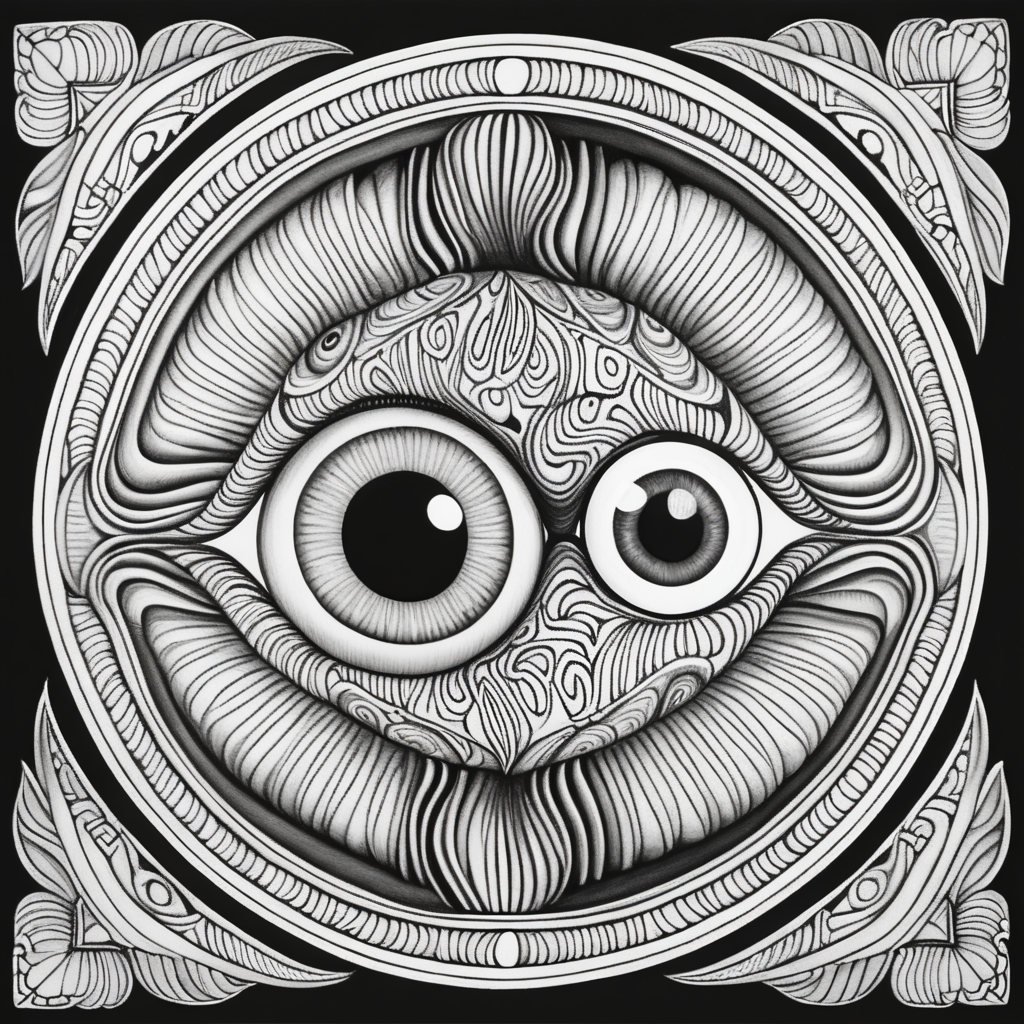 adult coloring book, black & white, clear lines, detailed, symmetrical mandala earthworm eyeball