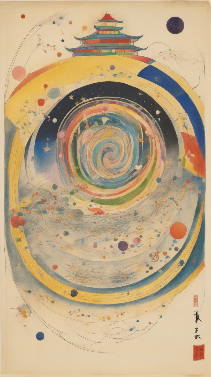 chinese gongbi drawing, with traversable wormhole, other worldly scenery, Wassily Kandinsky, sublime, stars 