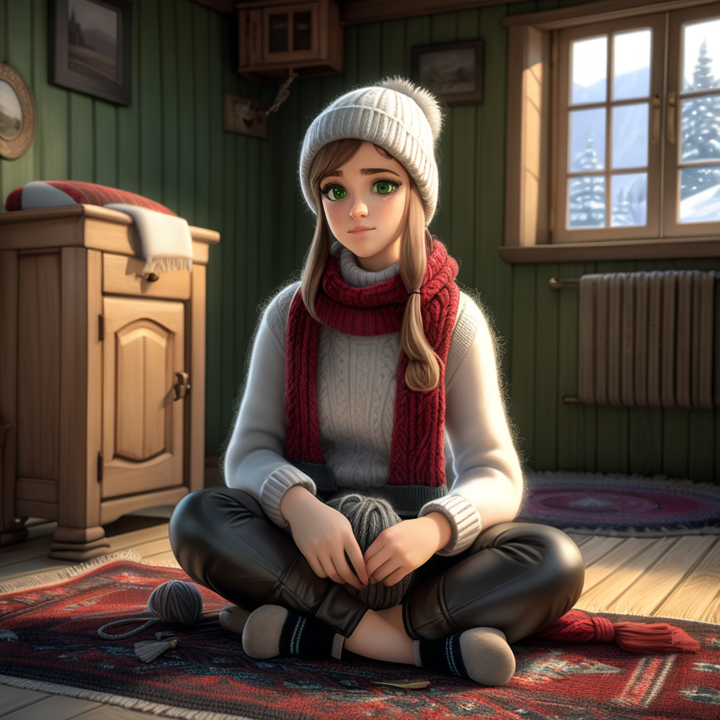 Village 30 years old girl. Long ponytile tied hair, green eyes. She is dressed very thick in a country style - with knitted white woolen socks. She wears black thick leather leggings. There is a sweater with a high collar - brown. She is wearing a white sleeveless sweater over it. She has a scarf wrapped around her neck. A thick knitted hat on the head. Knitting alone on the floor in the old and wooden house. Around her is an old sofa covered with a rug. There is a black and red traditional rug on the ground. Her bed is behind her - an old one with a spring and a metal frame. A television with a kinescope looks out from an old wooden cabinet. The windows of the house are frosted over - you can see a lot of snow outside. It's night.
