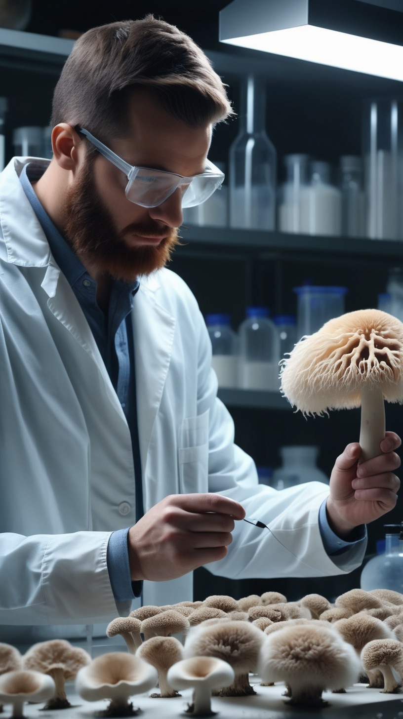 man in a lab researching a lions mane mushroom 4k
