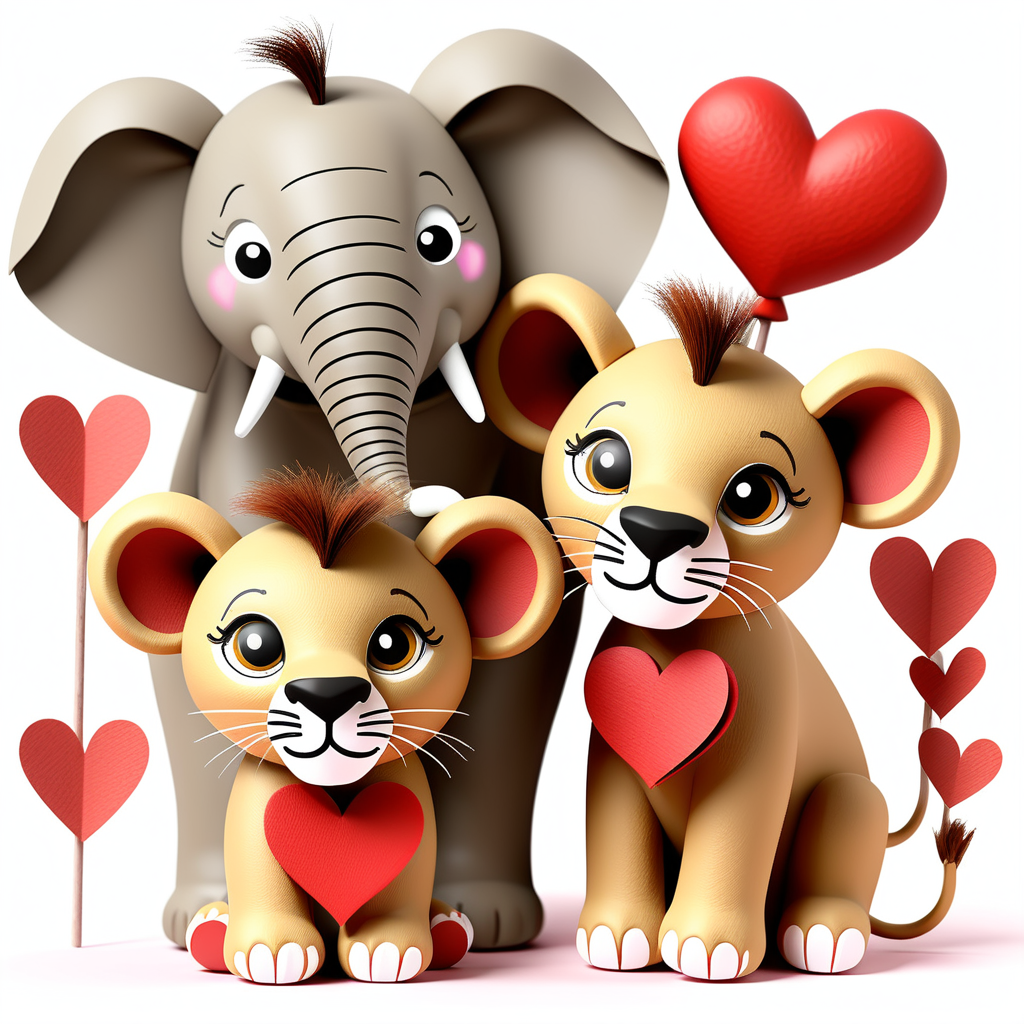 /envision prompt: "Handmade Safari Valentine Crafts" showcasing safari animals like lions and elephants adorned with heart-shaped accessories in a cute clipart style against a plain white background. --v 5 --stylize 1000