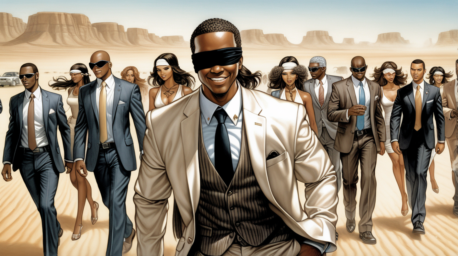 a blindfolded black man with a smile leading a group of gorgeous and ethereal white and black mixed men & women with earthy skin, walking in a desert with his colleagues, in full American suit, followed by a group of people in the art style of IN-HYUK LEE comic book drawing, illustration, rule of thirds