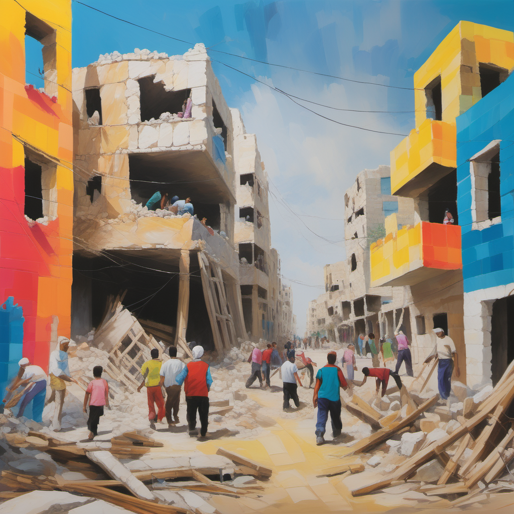 Reconstruction Efforts: A vibrant, impressionistic portrayal of reconstruction in Gaza, with bright, lively colors illustrating the community coming together to rebuild, amid the ruins of war.