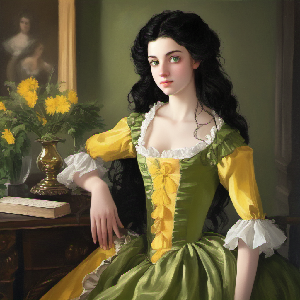 18th century pretty girl black hair green eyes yellow dress