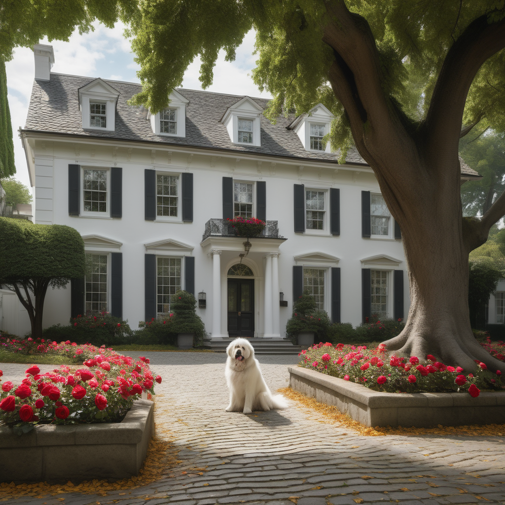 A large white house. In an old, affluent neighborhood. With extensive sidewalks and ancient trees. The house has a wide, large door. A cobblestone walkway connects the house to the street. There is a large fountain in front of the house. The two sides of the walkway are covered with roses. A sizeable fluffy dog is sitting in front of the house.