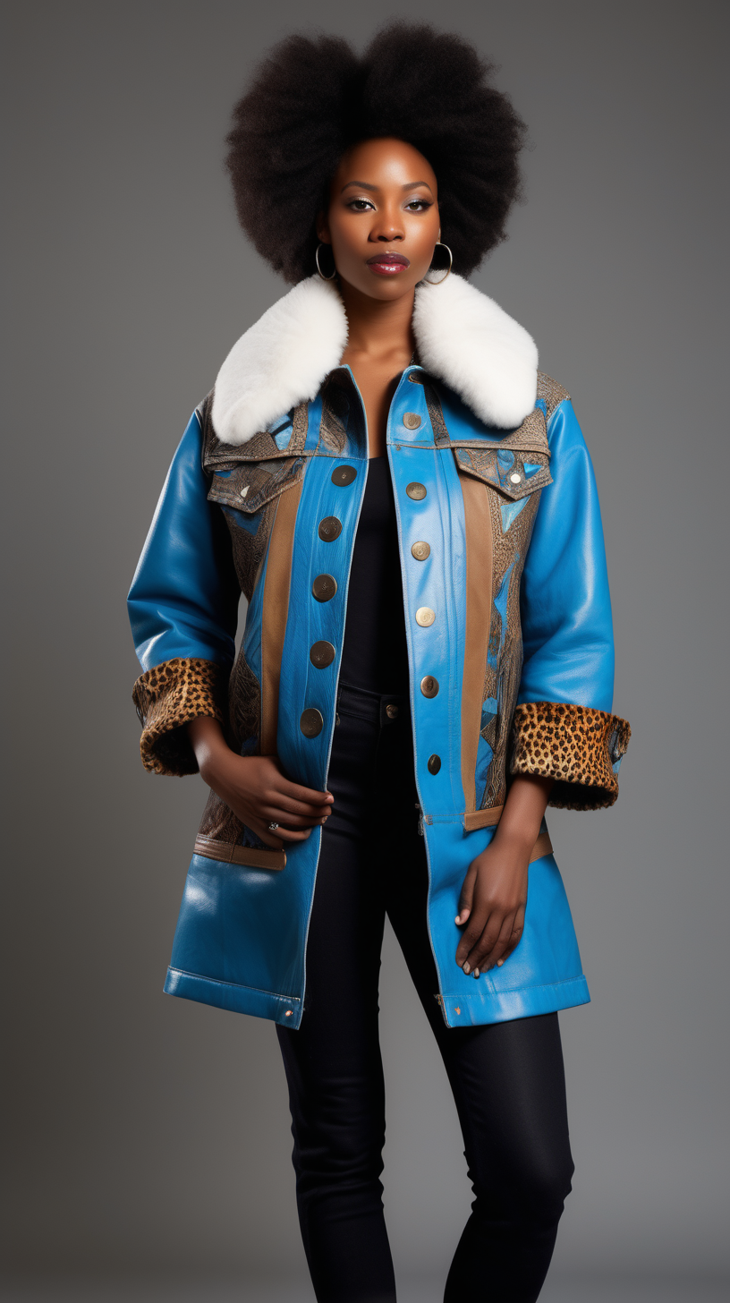 A beautiful black woman wearing a Levi denim jacket, restyled into a three quarter length jacket, made of Cerulean Blue, lambskin leather, with african printed fabrick inserted in various places, show Front, Back, and Side views with stainless buttons, with a fluffy rabbit fur collar