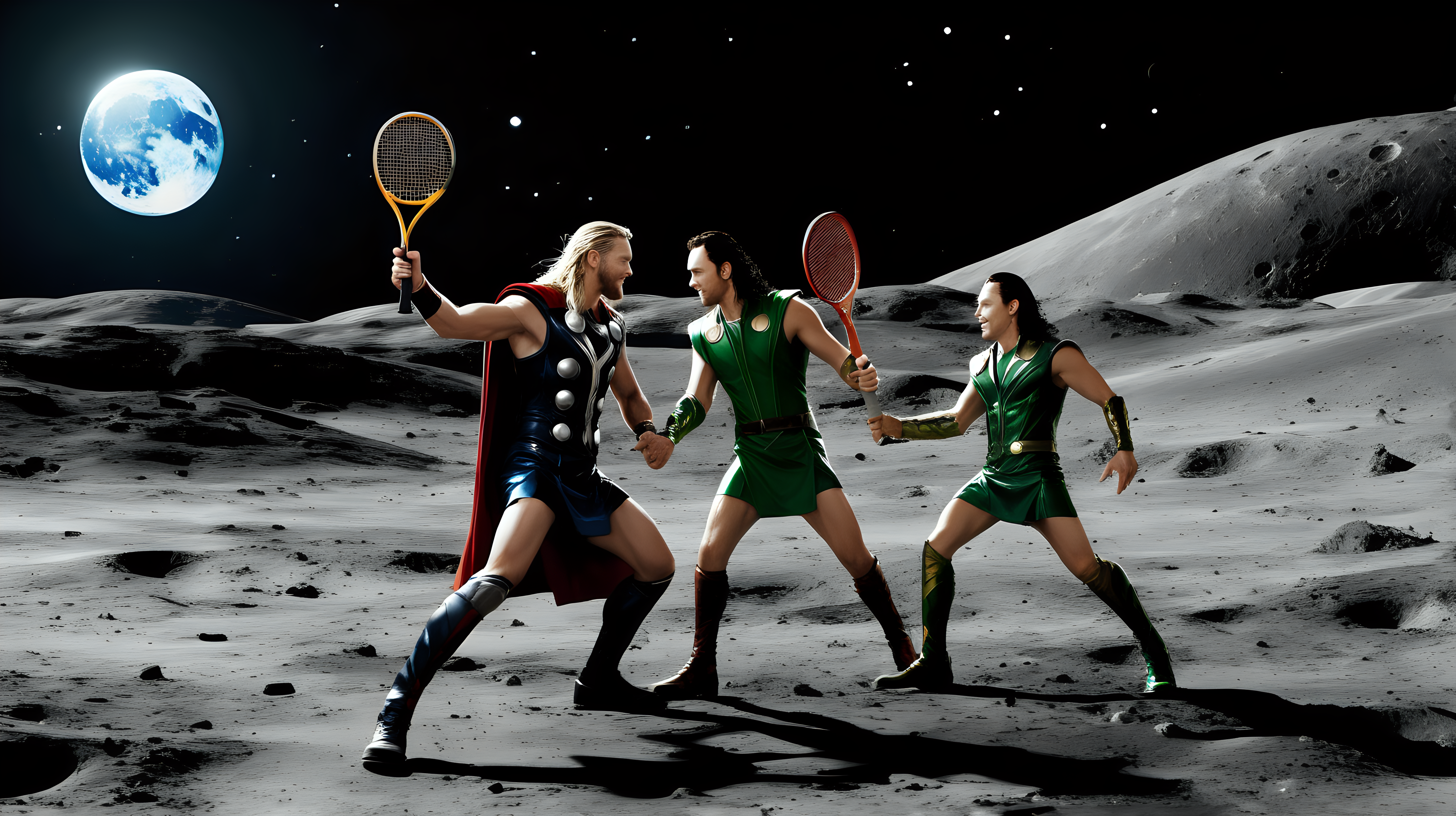 Thor and Loki playing tennis on the moon