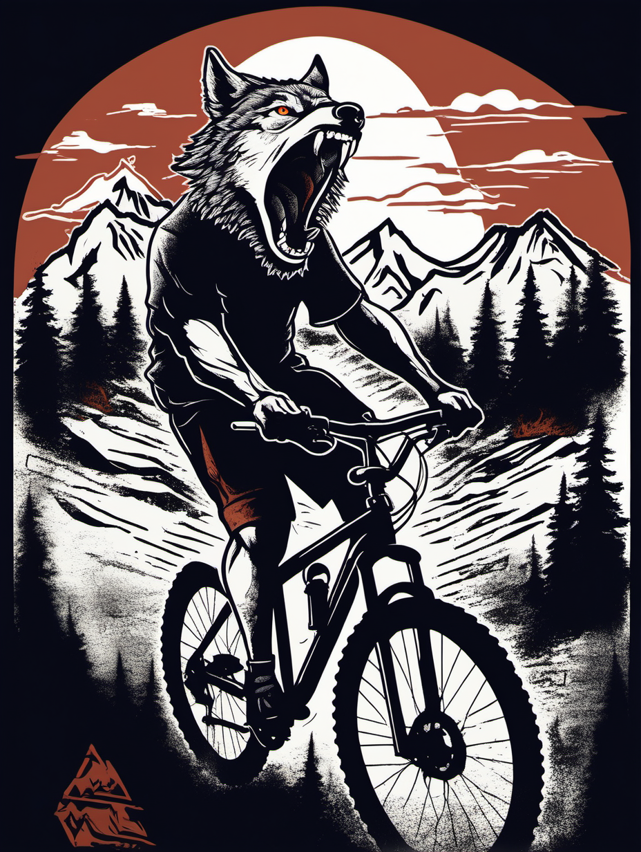 roaring wolf on a MTB, t-shirt design