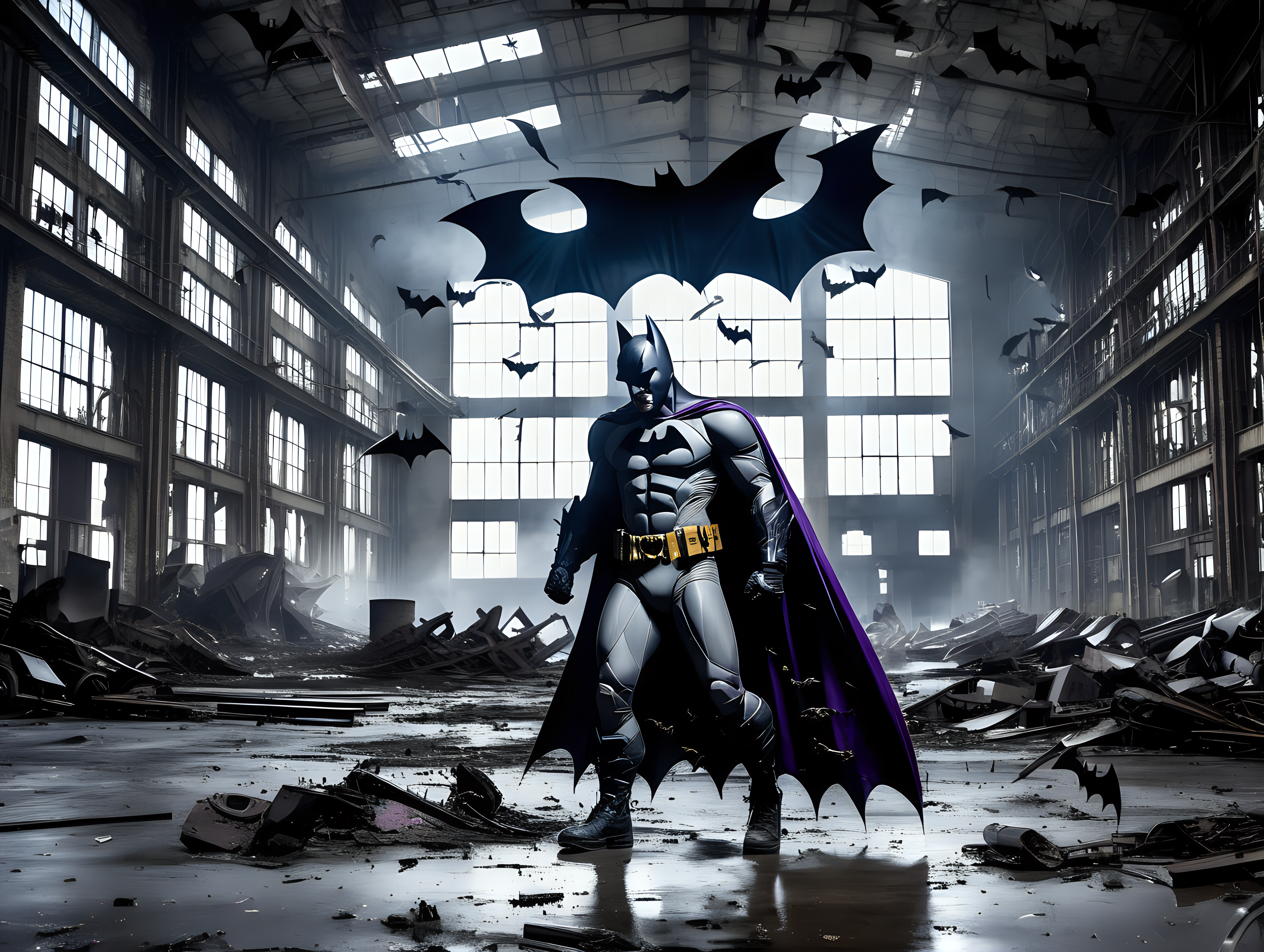 Batman fights the joker in an abandon factory with bats flying overhead