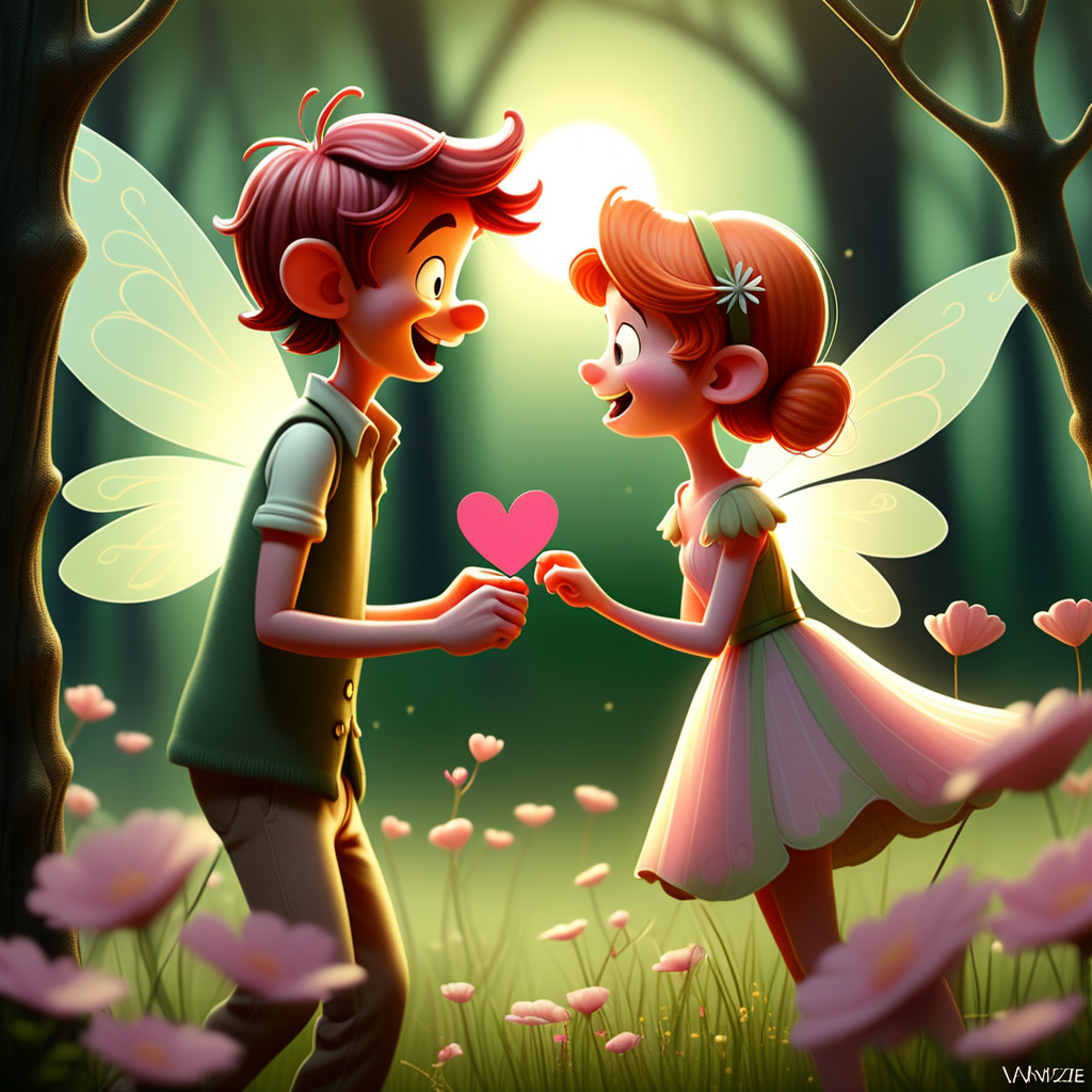 /envision prompt: "Whimsical fairy valentines" translated into a charming comic strip, drawing inspiration from the whimsical style of Bill Watterson. The fairies, with expressive and endearing features, embark on heartwarming adventures in a enchanted woodland. The color palette exudes warmth, with soft greens and pinks dominating the scenes. Facial expressions range from mischievous grins to heartfelt camaraderie, capturing the essence of playful love. The lighting is dynamic, shifting between sunny meadows and moonlit glades. The overall atmosphere radiates joy, friendship, and the magic of love.--v 5 --stylize 1000