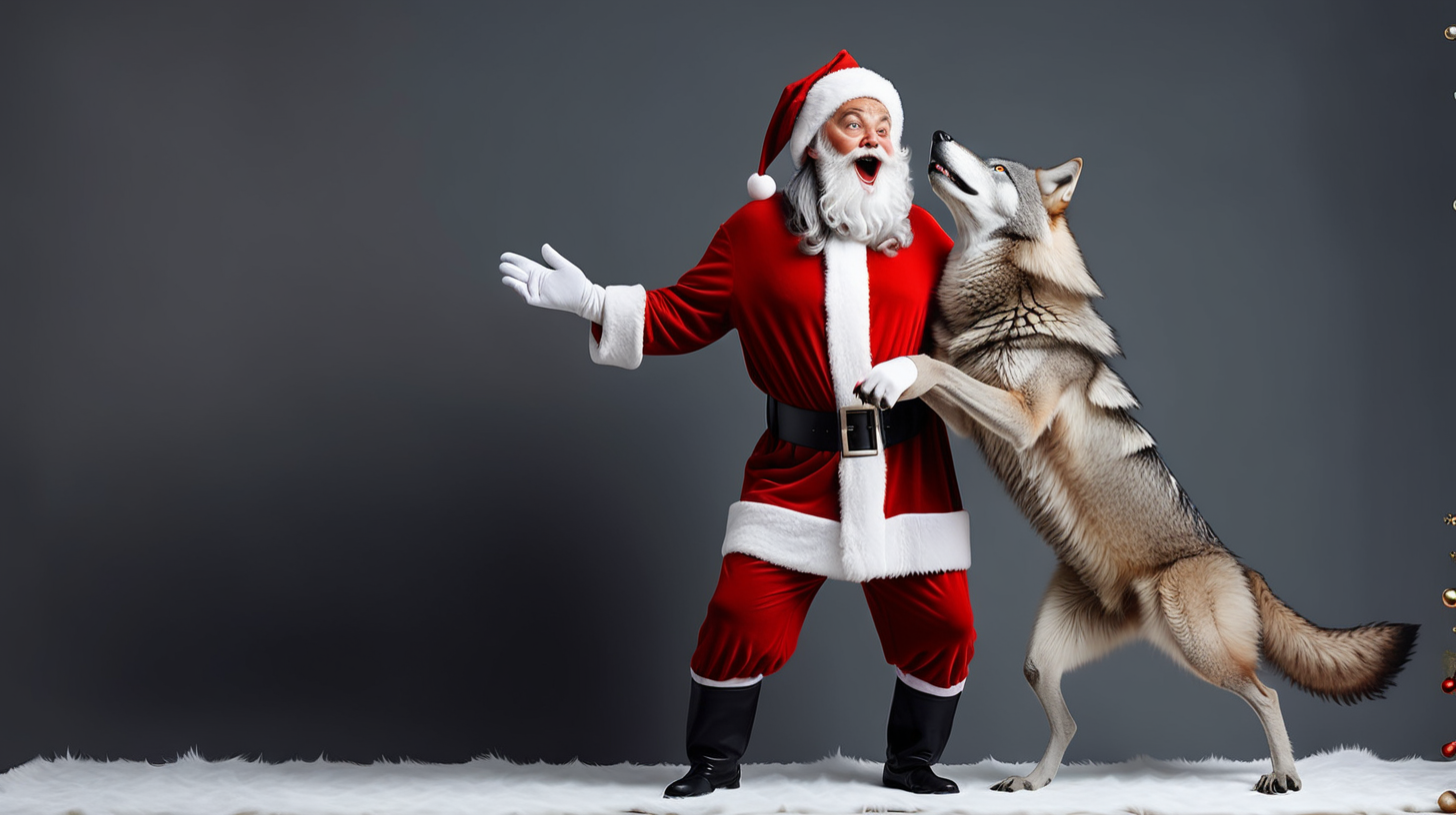  Санта клаусом нарядился  серый волк и стоит на двух ногах