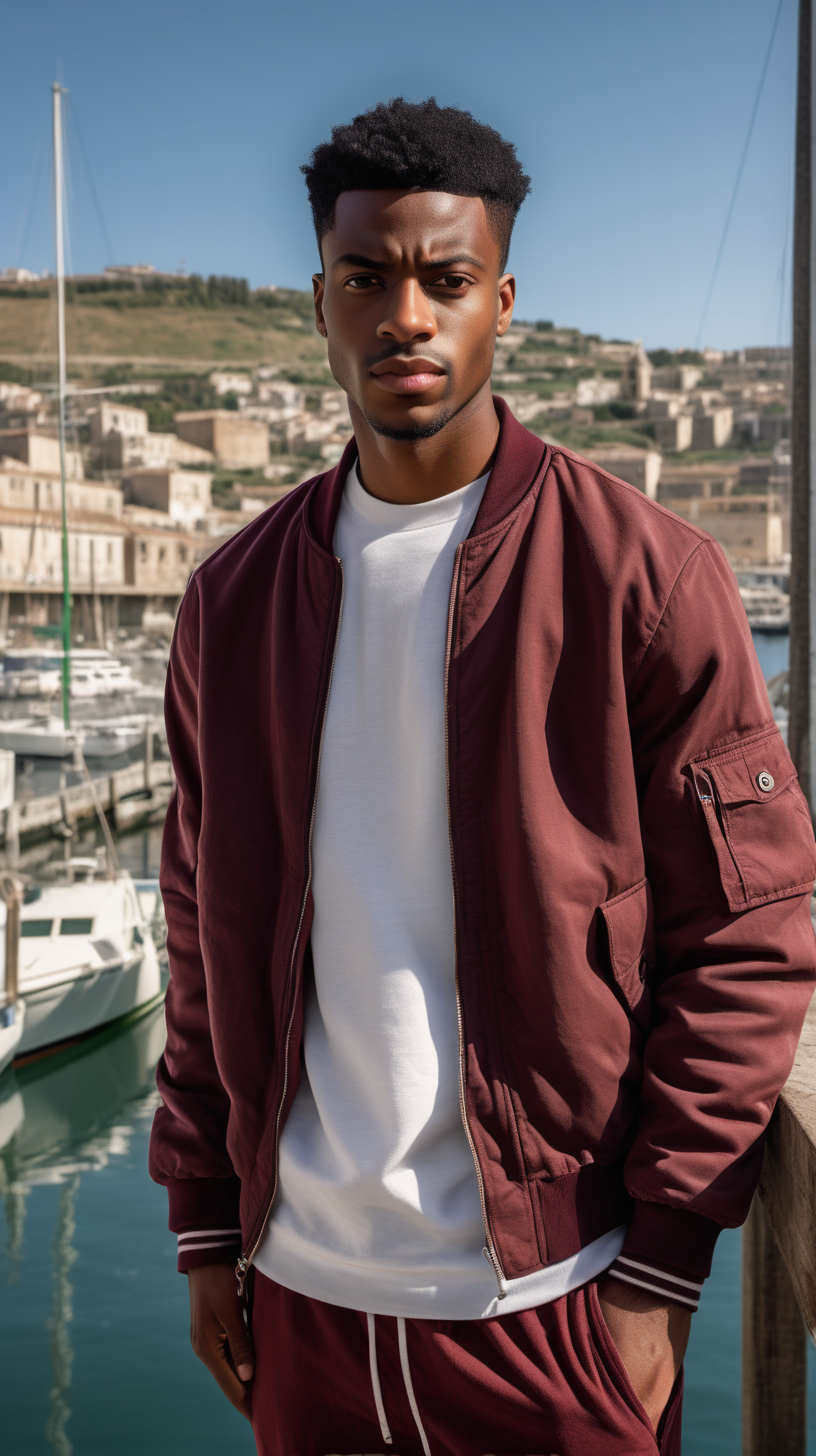 A handsome, young, African American man, wearing short, black hair, wearing a Maroon, cut and sew, bomber jacket, standing by the docks of Sicily in the background, Facing  the camera, wearing a light, pine colored, linen, dress shirt, wearing a white tee-shirt, wearing Taupe Brown, Corduroy joggers, lighting is over the right shoulder, from behind, pointing down, ultra 4k, render, high definition, light shadowing