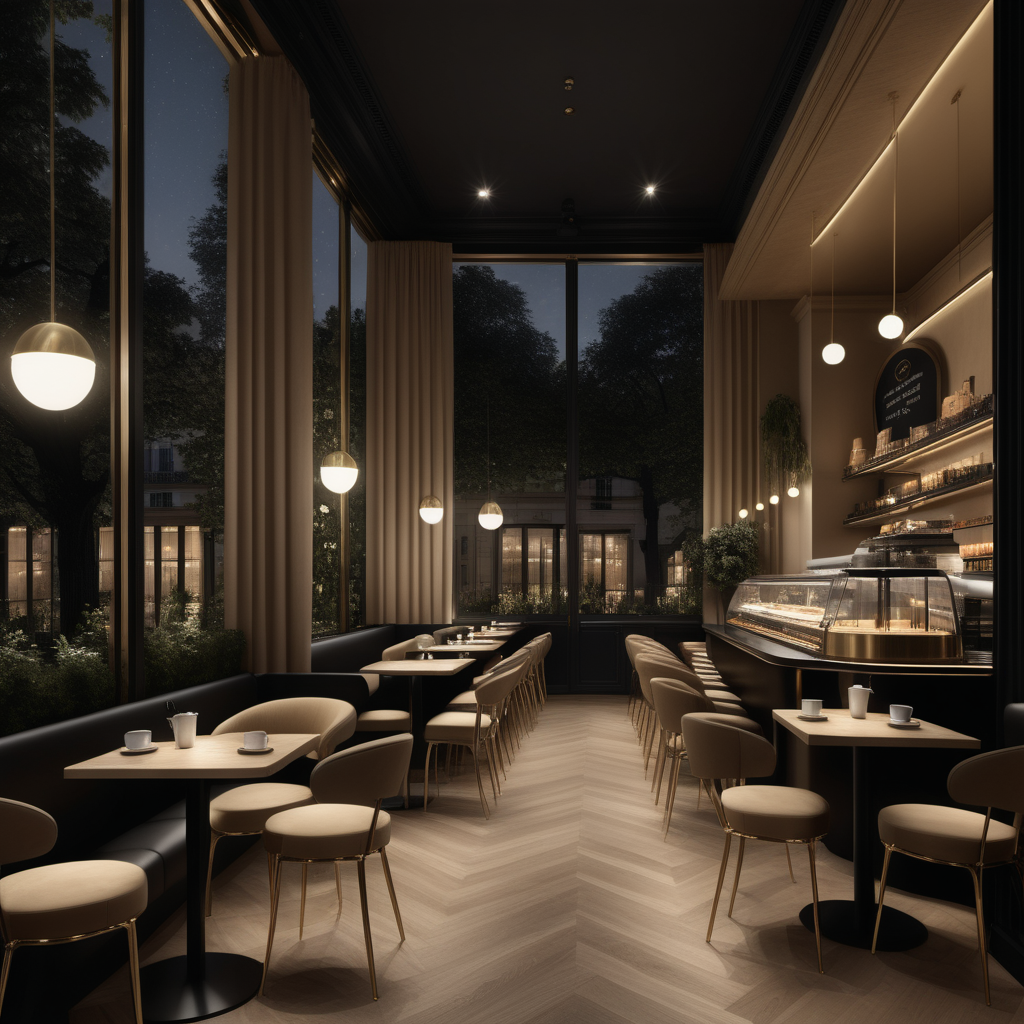 a hyperrealistic of a grand modern Parisian coffee shop at night with mood lighting,  floor to ceiling windows with a view of the gardens, in a beige oak and brass and black colour palette
