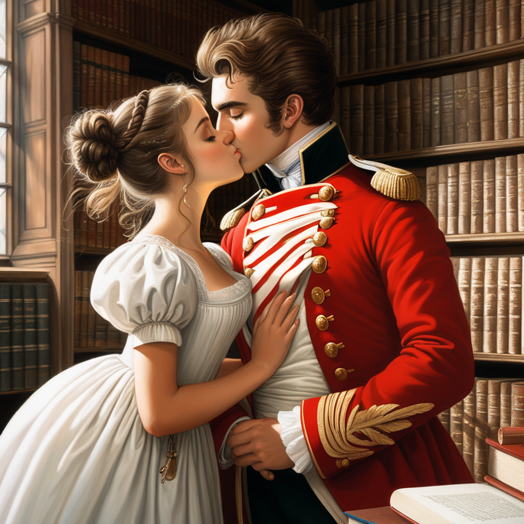 Handsome young military captain, wearing a red coat, kissing a young lady wearing a white frock and her hair in a bun in the library 1815 England.