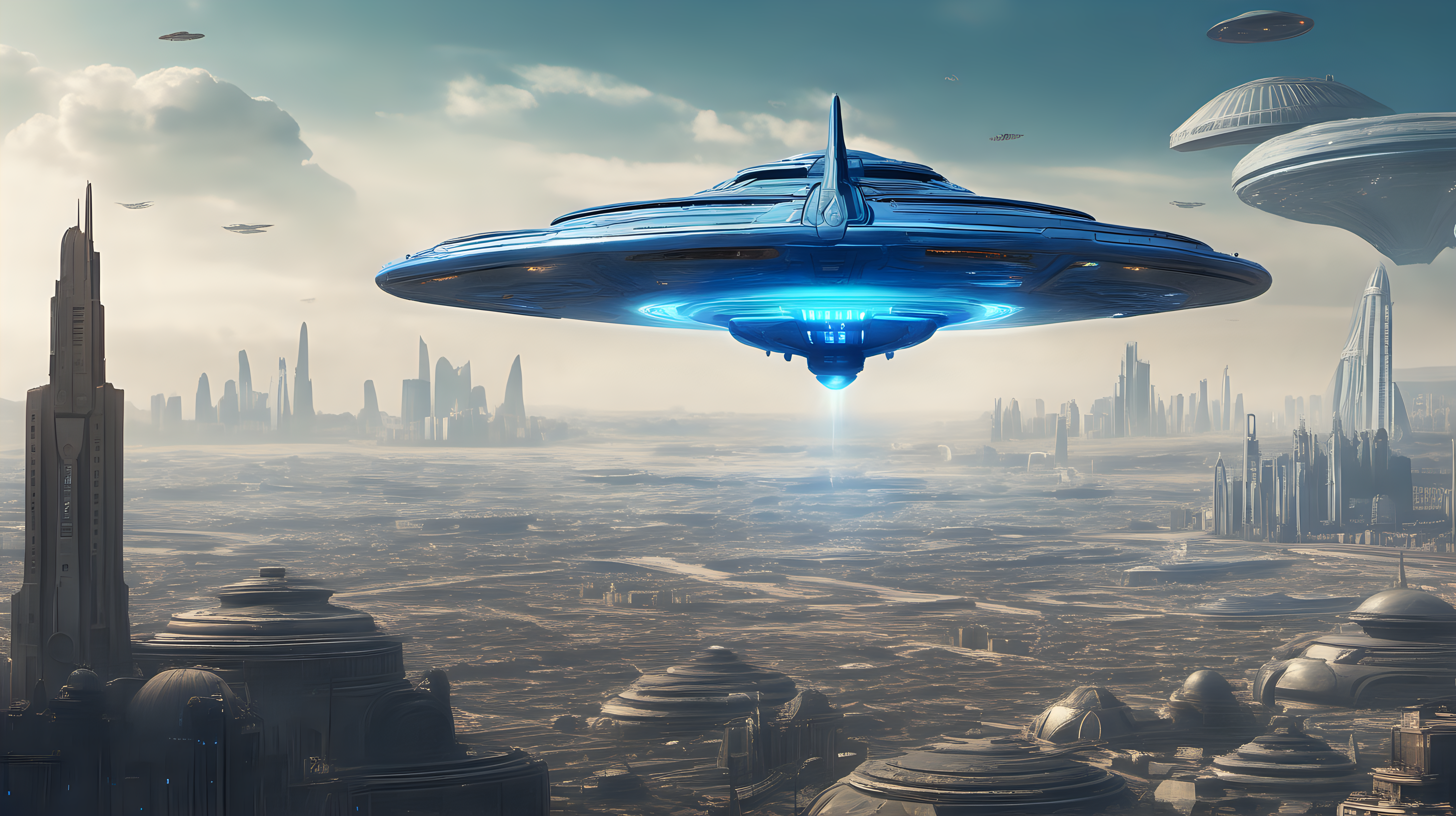 A blue alien spacecraft hovering in the foreground, a huge alien city in the background.