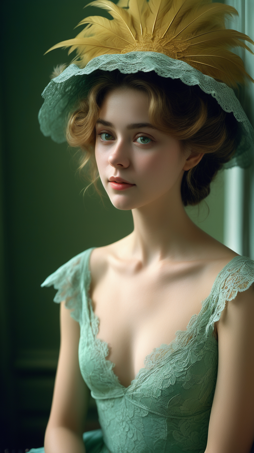 <lora:FilmVelvia3:0. 6>, masterpiece, best quality, 1girl, solo, sexy pose, pensive woman, intricate lace, feathered hat, curled hairdo, pale skin, minimal makeup, tender smile, dainty neckline, nostalgic atmosphere, still life, semi naked, cinematic shot, green golden blue dress