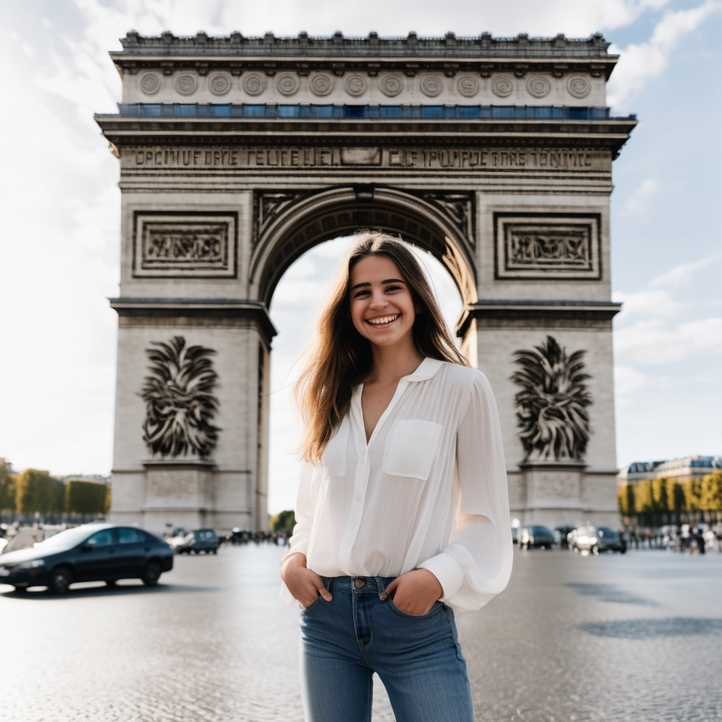 A smiling Emily Feld dressed in a long white blouse and jeans standing in front of the Arc de Triomphe