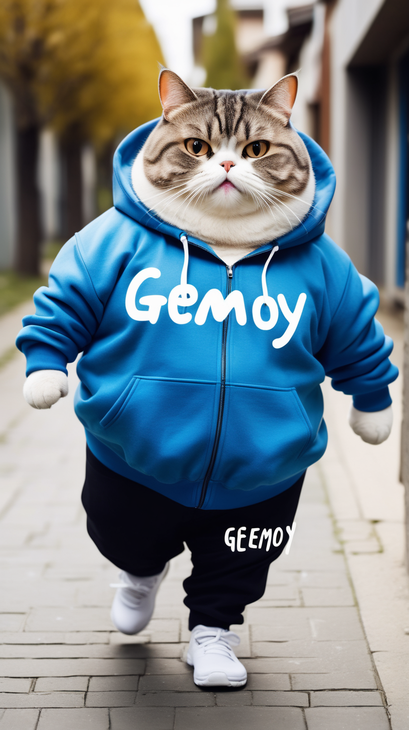 Fat Cat, Cute, Excited, Happy, Wearing a Blue Hoodie Jacket with Gemoy Written on It, Black Pants, Walking