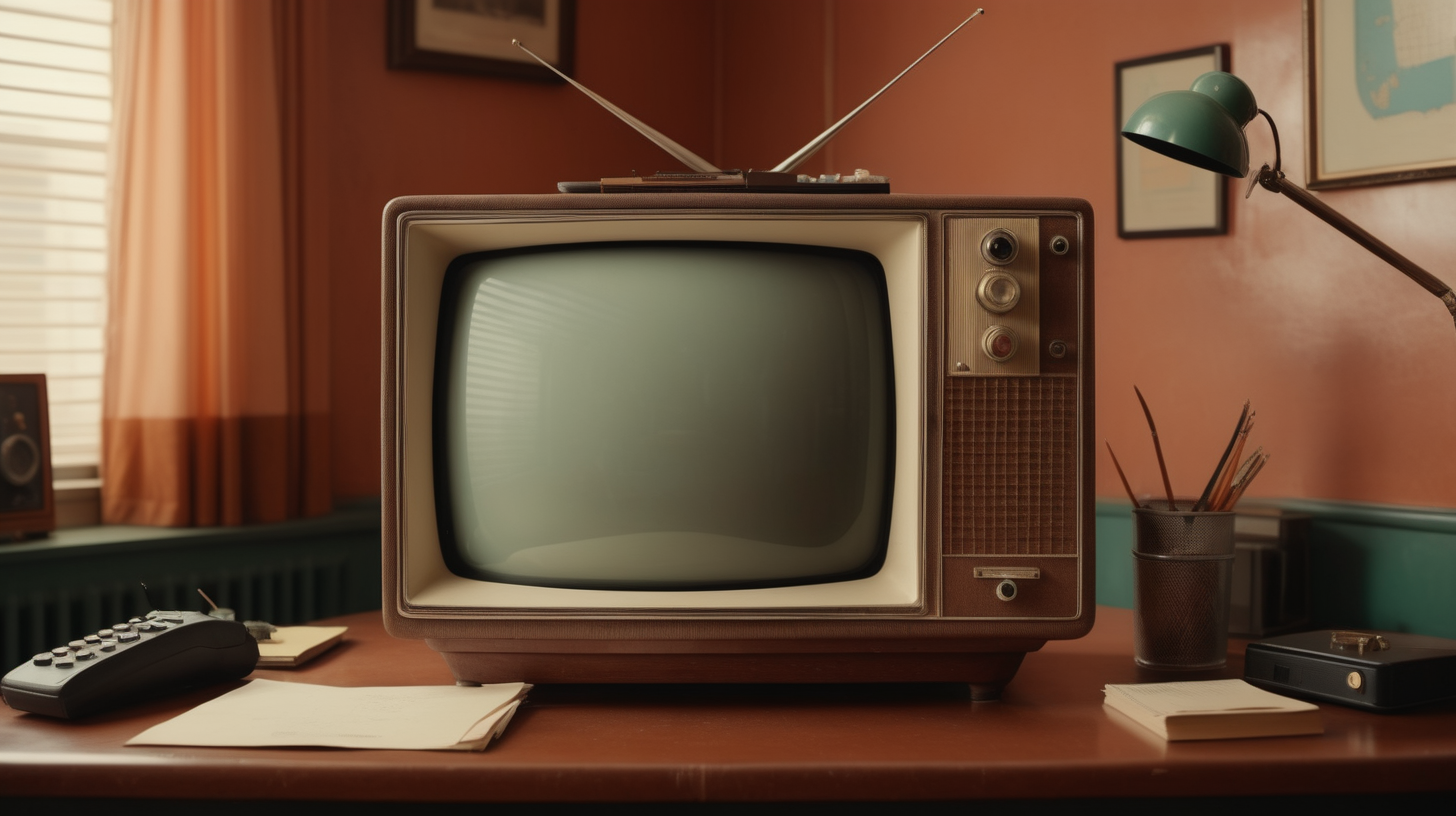 high quality photograph of an older television sitting on the desk in a smokey office in the style of a wes anderson movie
