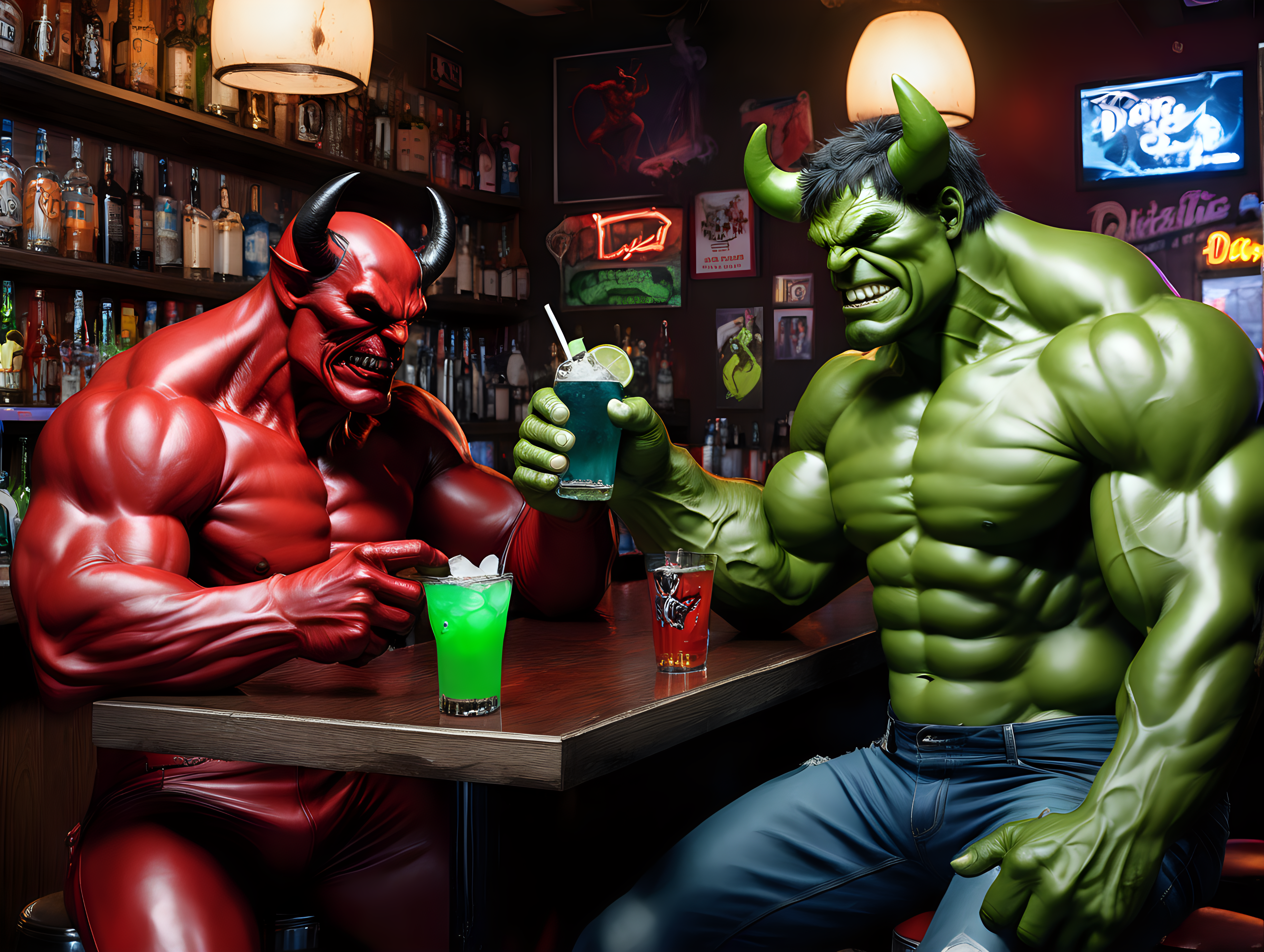 Devil and Hulk have drinks in a dive bar