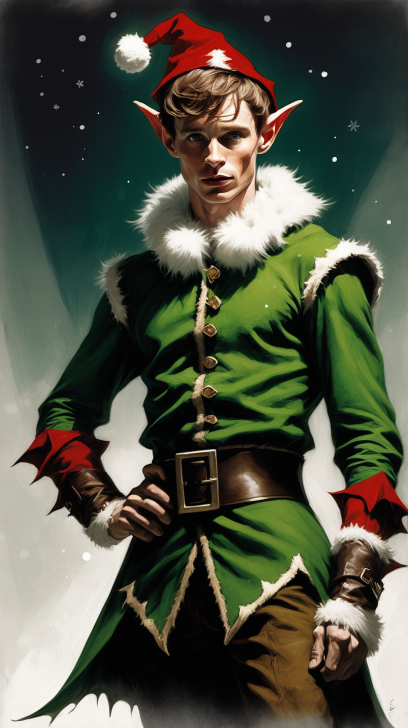 Create a dark fantasy art illustration,  frank frazetta style, of Eddie Redmayne wearing a Christmas elf costume. Waist up shot