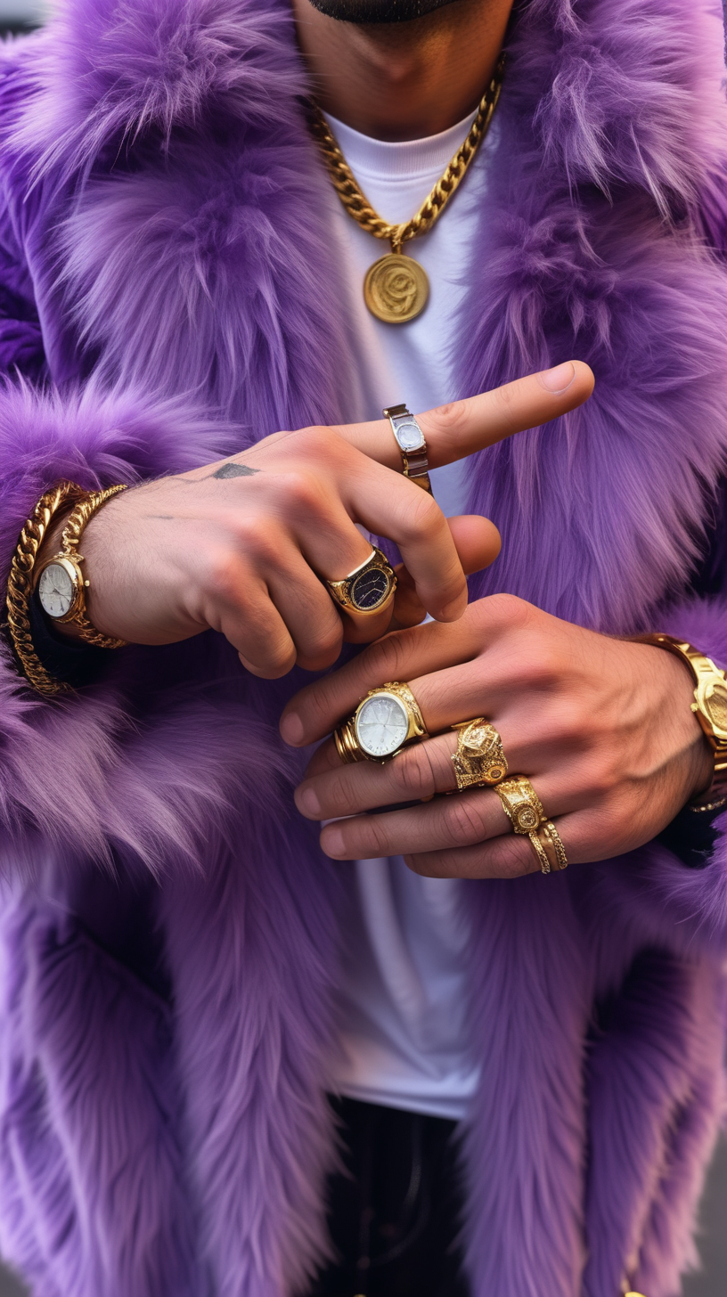 Mans hand with lots of big golden rings
