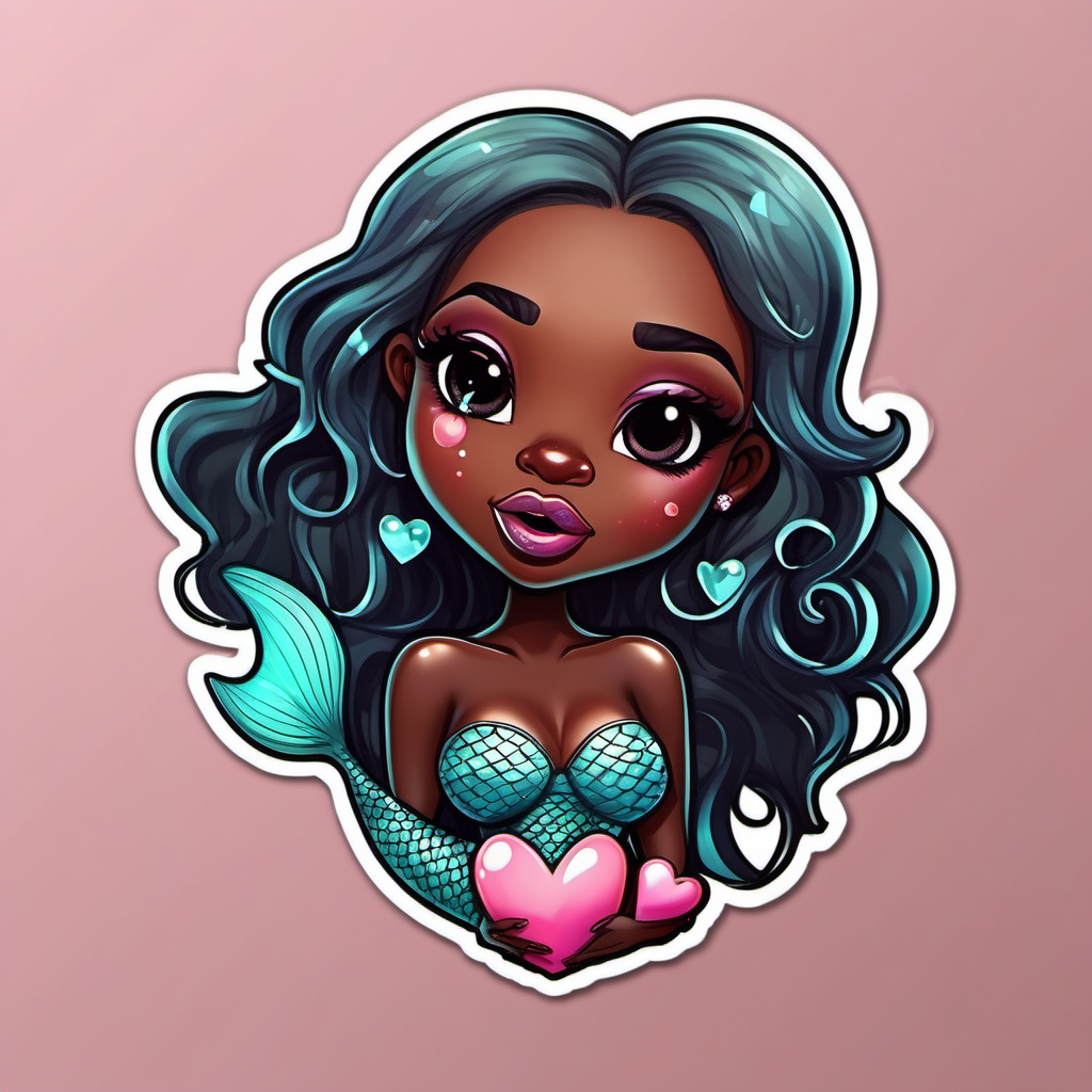 
sticker, valentine heart,  so cute,  big,cartoon dark skin mermaid big lips
fairytale, incredibly high detail, 16k, octane rendering, gorgeous, ultra wide angle.