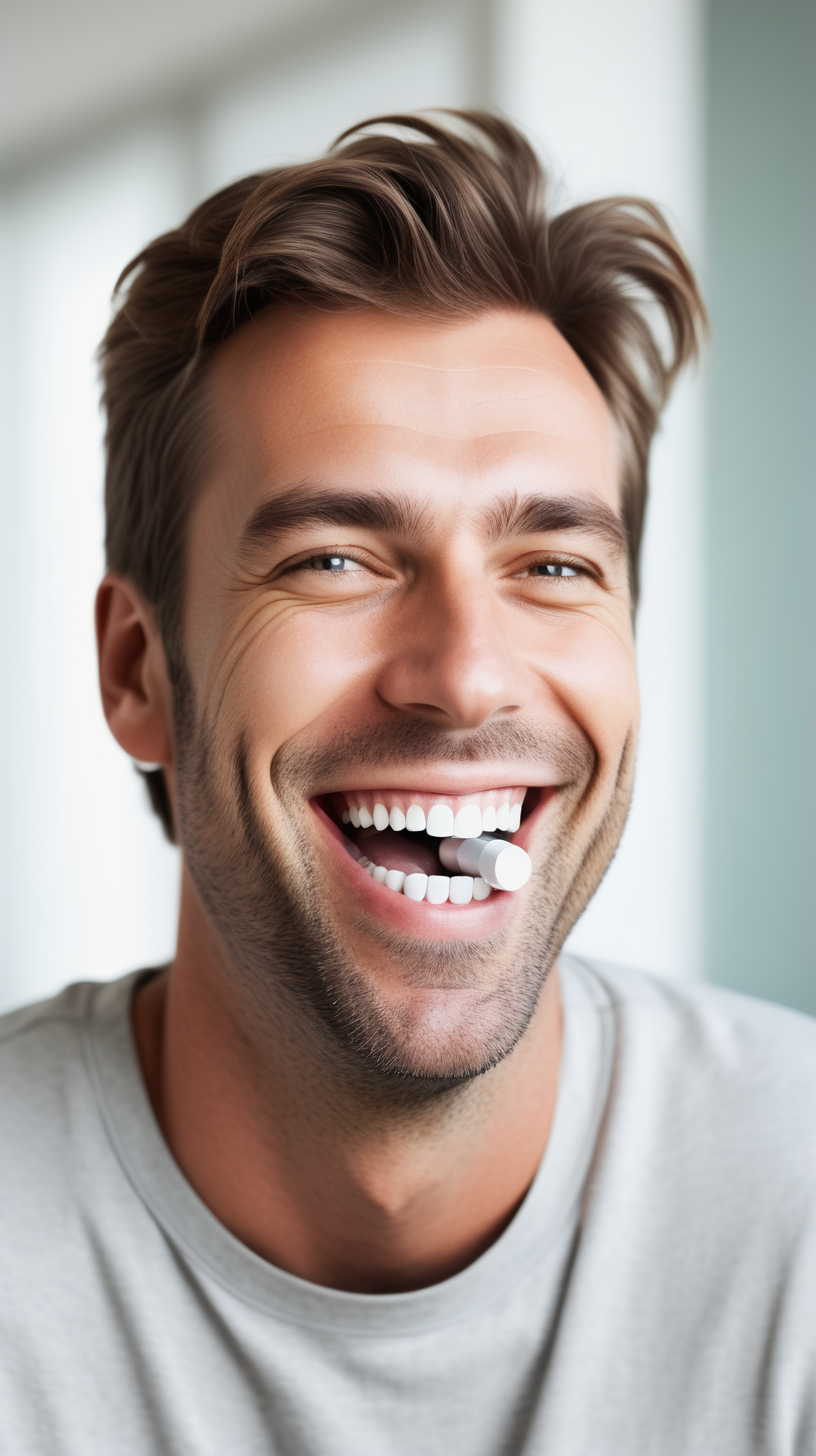 man taking pill smiling happy looking relaxed