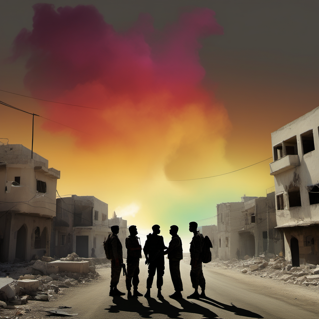 Ceasefires and Negotiations: A tense but hopeful scene of a ceasefire negotiation in Gaza, using a color transition from dark to light to symbolize the move from conflict to peace.

