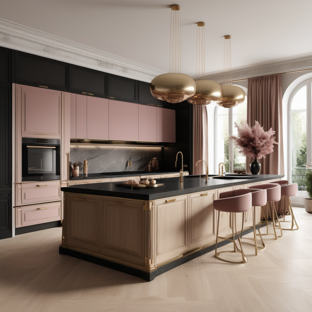 A hyperrealistic image of a luxurious, grand  modern Parisian kitchen with island in a beige oak brass colour palette with accents of black and dusty rose