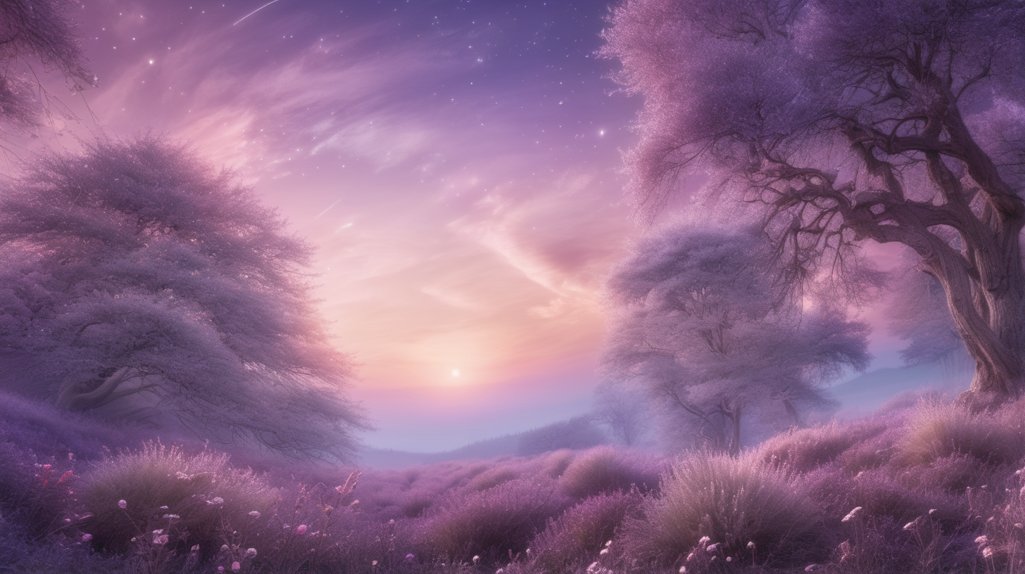 an ancient enchanted magical forest with view of evening sky with light, faint  hues of lavender and rose as the sun is going down similar to NASA