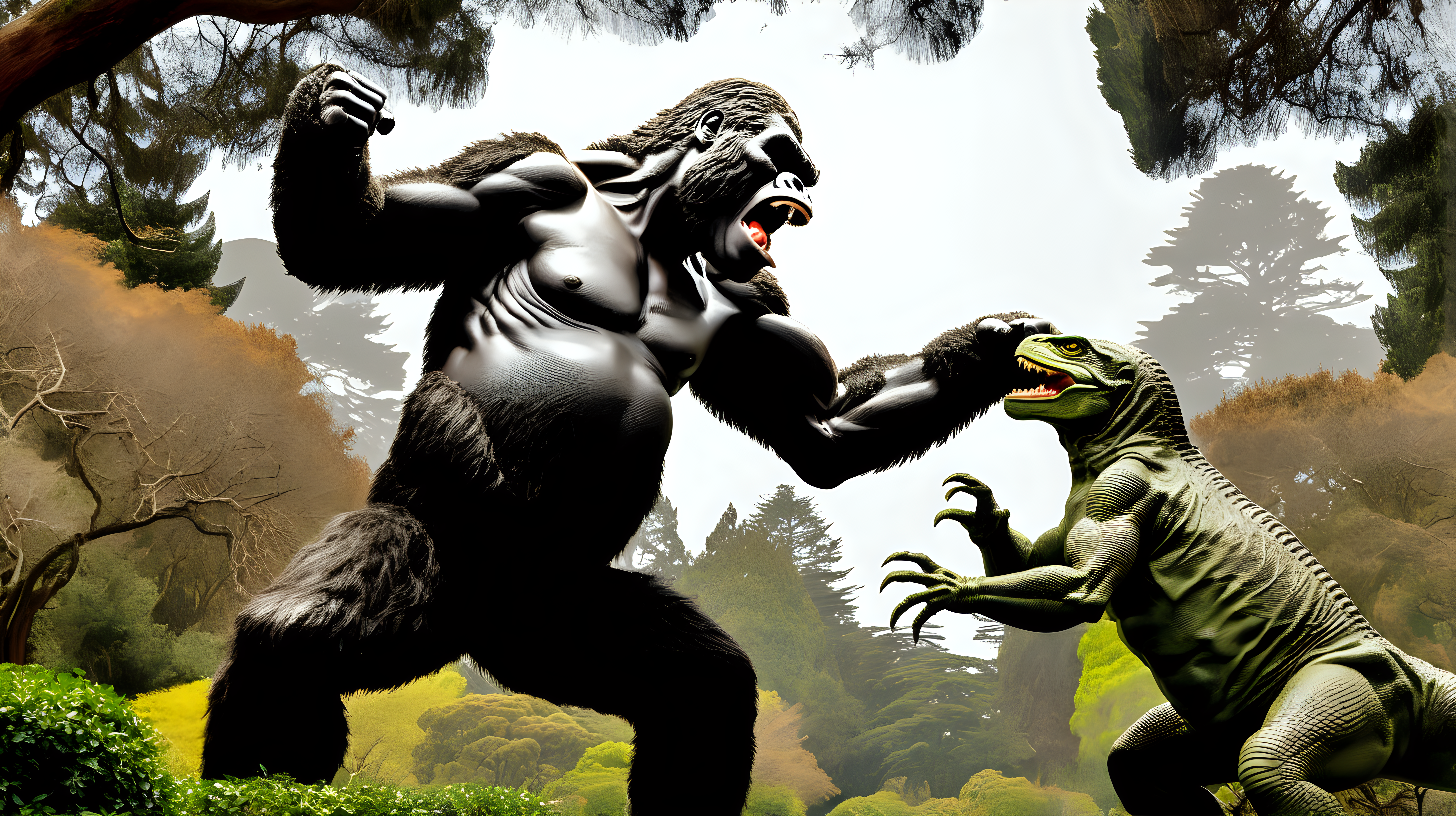 King Kong fighting a giant lizzard in Golden Gate Park