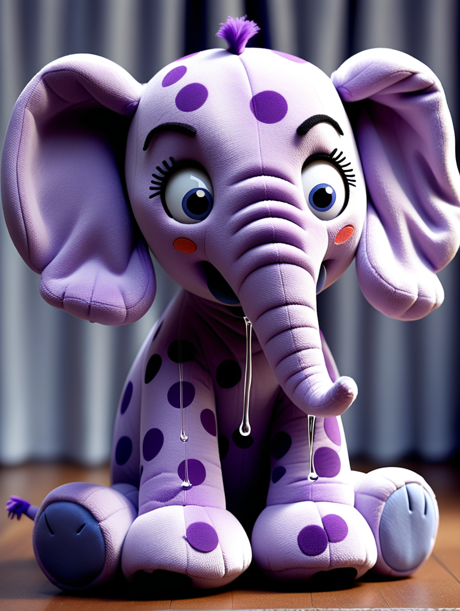purple spotted elephant stuffed cuddle toy, full body, with a very sad face frowning crying streams of tears; pixar style animation
