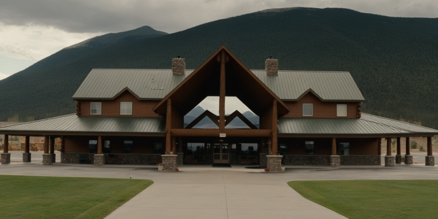 Front view of the exterior front entrance of a large, upscale hunting lodge with an awning. Mountains in the background and the weather is cloudy with sunspots