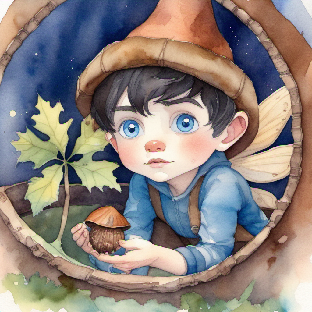 A watercolor painting of A dark haired boy pixie with blue eyes and a hat made from an acorn looking out from under a fairy bed
