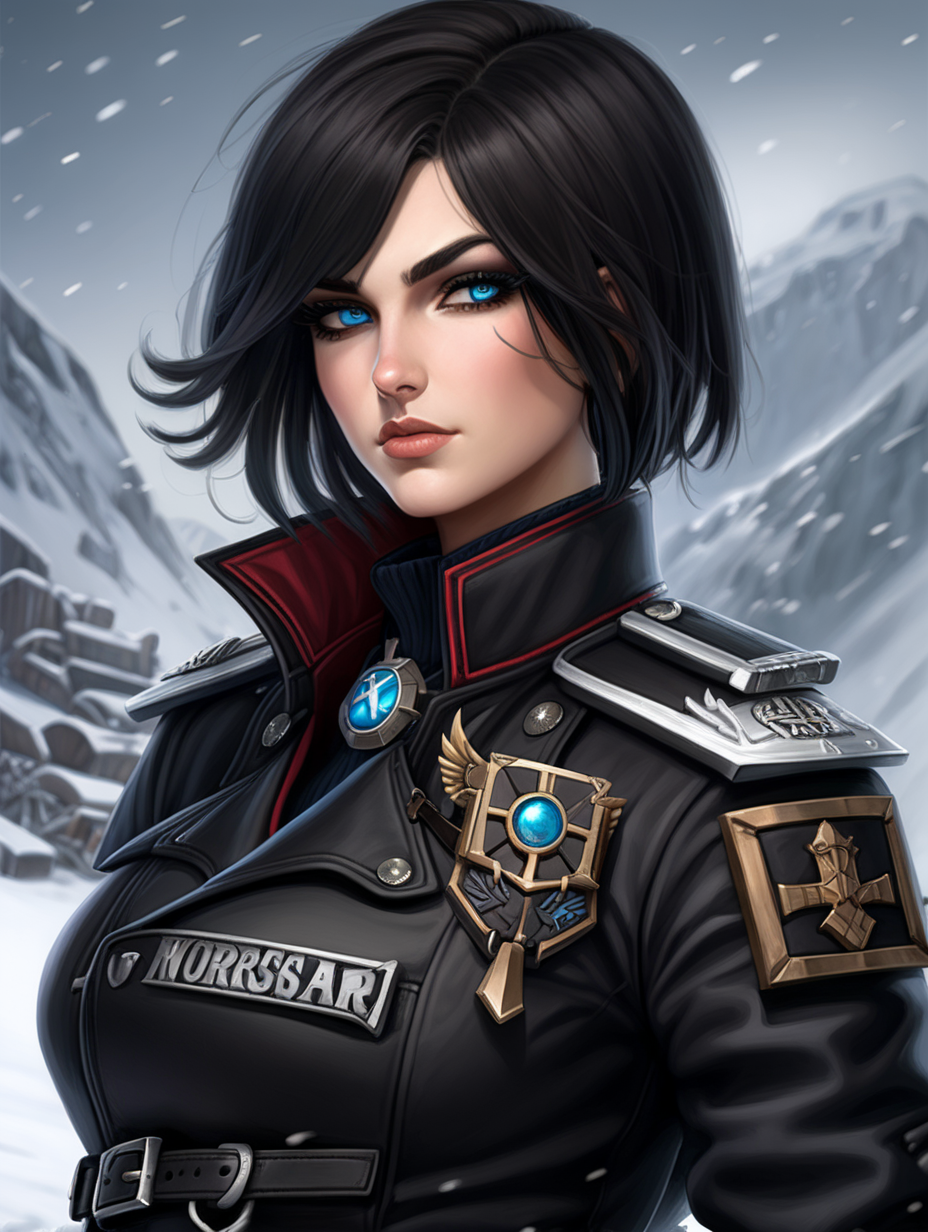 Warhammer 40K young busty Commissar woman. She has an hourglass shape. She has raven black hair. She has a very short hair style similar to what Maya, from Borderlands 2, has. Dark black uniform. Dark brown belt has a lot of pouches, grenades, and a black holster attached. Dark brown bandolier around waist. Her dark black uniform jacket fits perfectly and is closed up. She has a lot of eye shadow. Background scene is snowy trench line. She has icy blue eyes. Her uniform has some Norse runes on the collar and epaulettes. She is wearing warm clothes. --r 5