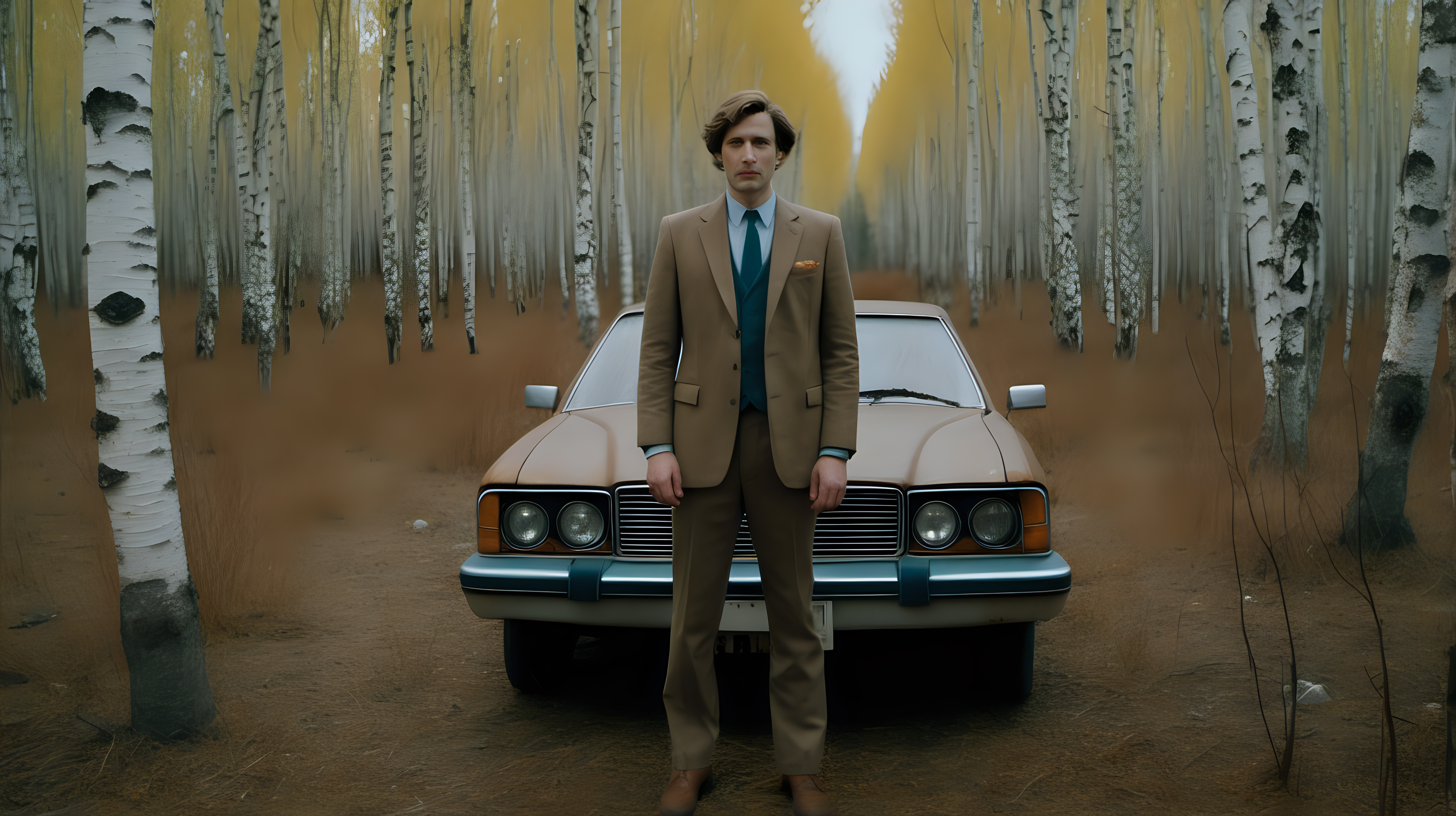 high quality cinematic medium wide -shot portrait of a man standing in a birch forest, looking into camera, wearing a suit from the early 1980s, there is a rusted, dilapidated old car far in the background, in the style of a wes anderson film